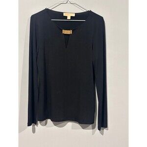 Michael Kors Women Medium Pullover Key Hole Black Blouse Gold Accent